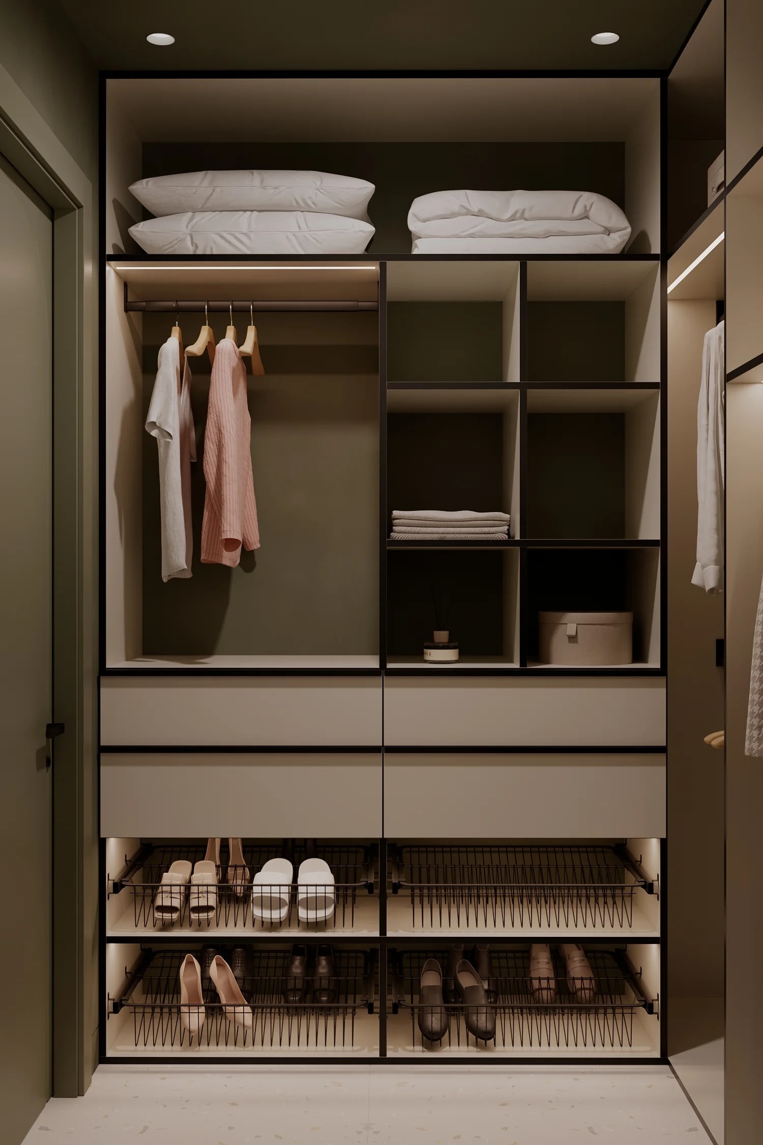 Стильная гардеробная в оливковом цвете