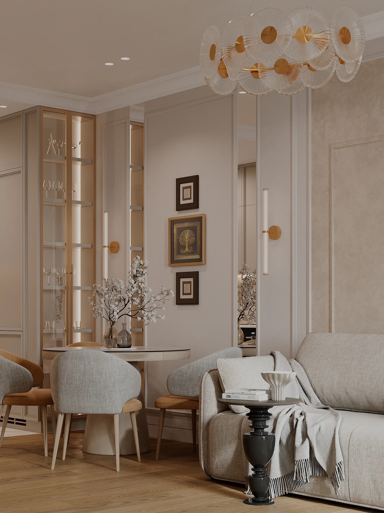 Современная светлая кухня-гостиная 