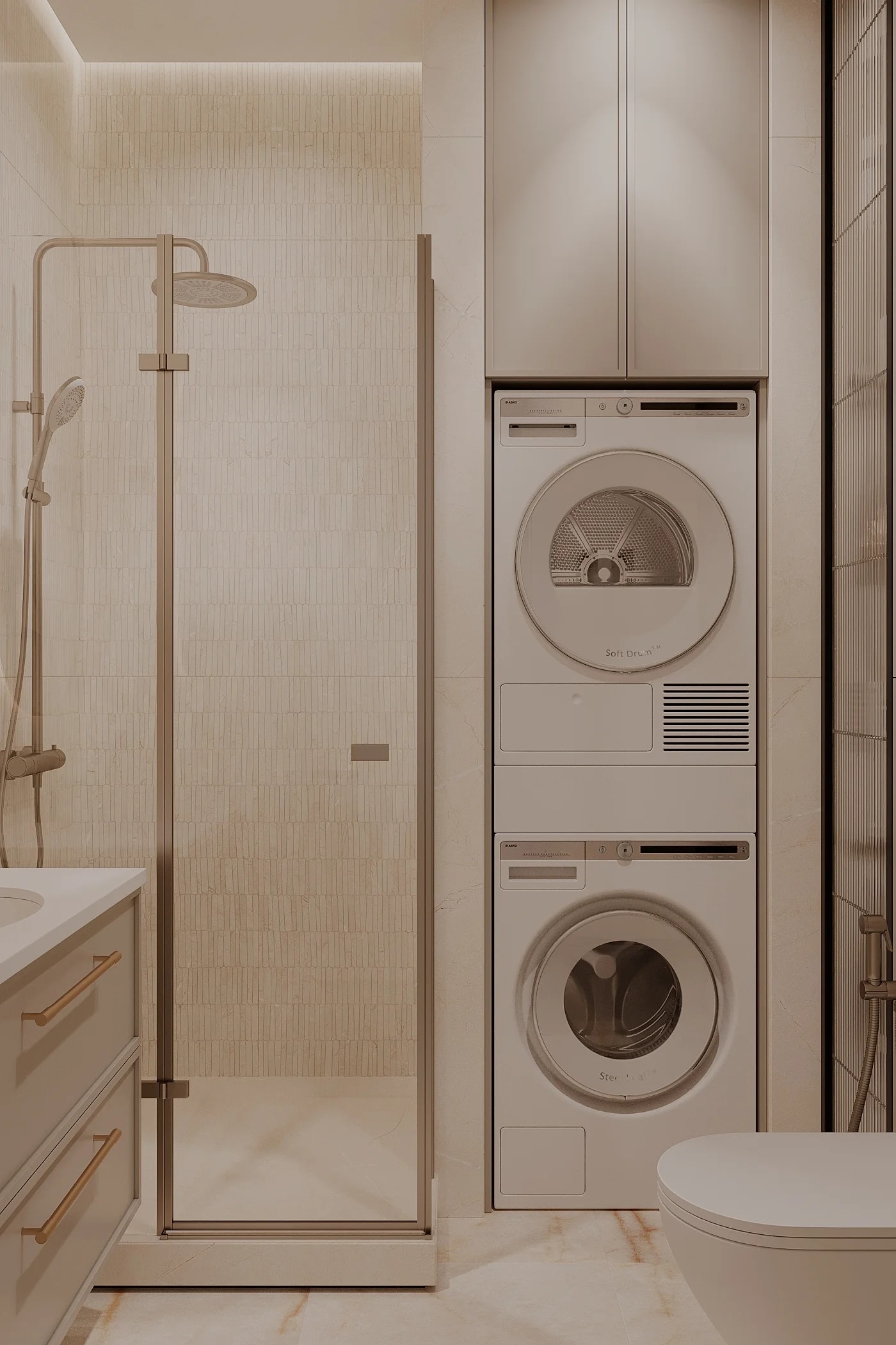 Практичная ванная в светлых тонах